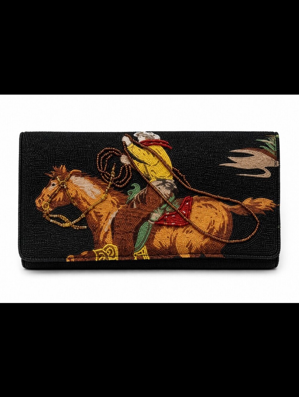 Embroidered Beaded Western Horse Wallet- Black with Brown & Gold Accents